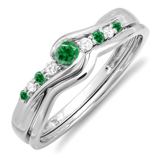 0.25 Carat (ctw) 10k White Gold Round Green Emerald And White Diamond Ladies Bridal Promise Engagement Wedding Set Ring with Matching Band 1/4 CT