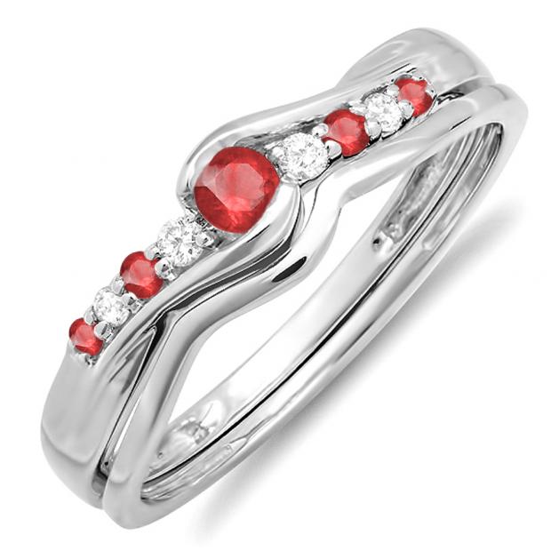 0.25 Carat (ctw) 10k White Gold Round Ruby And White Diamond Ladies Bridal Promise Engagement Wedding Set Ring with Matching Band 1/4 CT