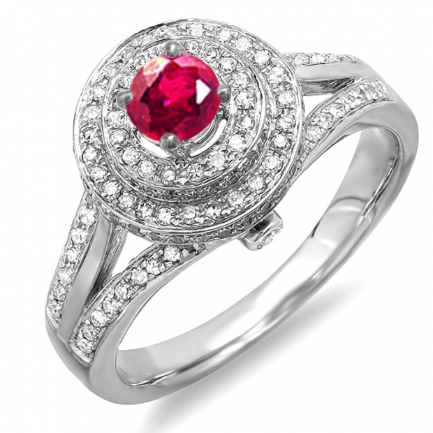 1.25 Carat (ctw) 14K White Gold Round Red Ruby and White Diamond Ladies Halo Style Split Shank Vintage Bridal Engagement Ring 1 1/4 CT