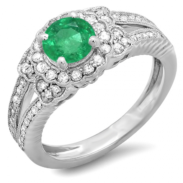1.30 Carat (ctw) 14k White Gold Round Green Emerald And White Diamond Ladies Split Shank Halo Vintage Bridal Engagement Ring