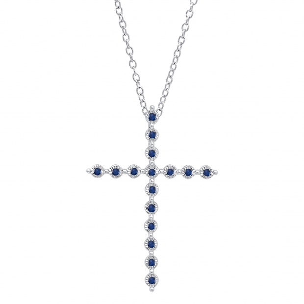 Round Blue Sapphire Cross Pendant with Silver Chain in 925 Sterling Silver