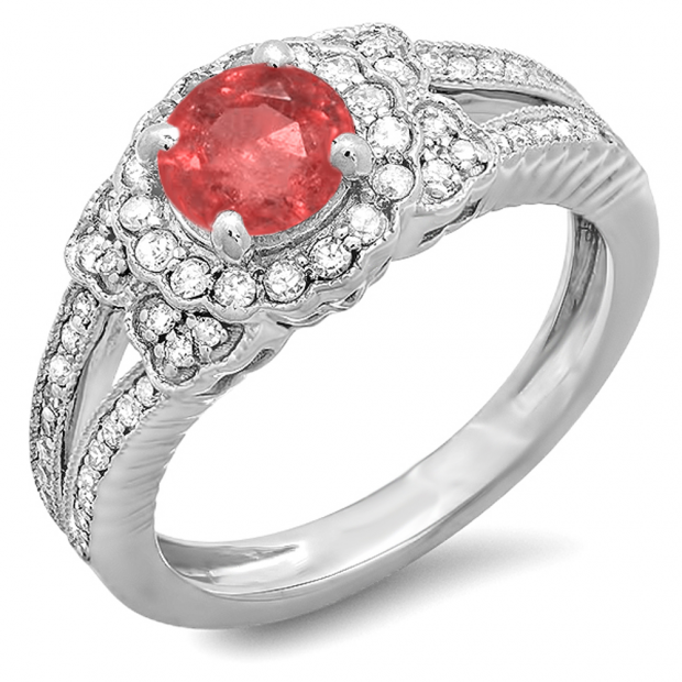1.30 Carat (ctw) 14k White Gold Round Ruby And White Diamond Ladies Split Shank Halo Vintage Bridal Engagement Ring