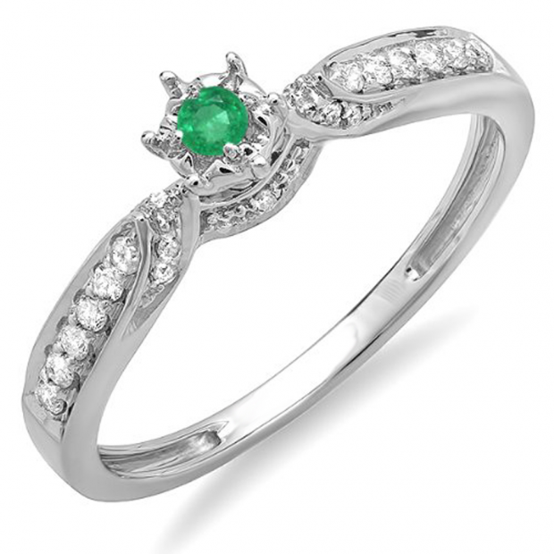 0.20 Carat (ctw) 14k White Gold Round Green Emerald And White Diamond Ladies Bridal Promise Split Shank Engagement Ring 1/5 CT