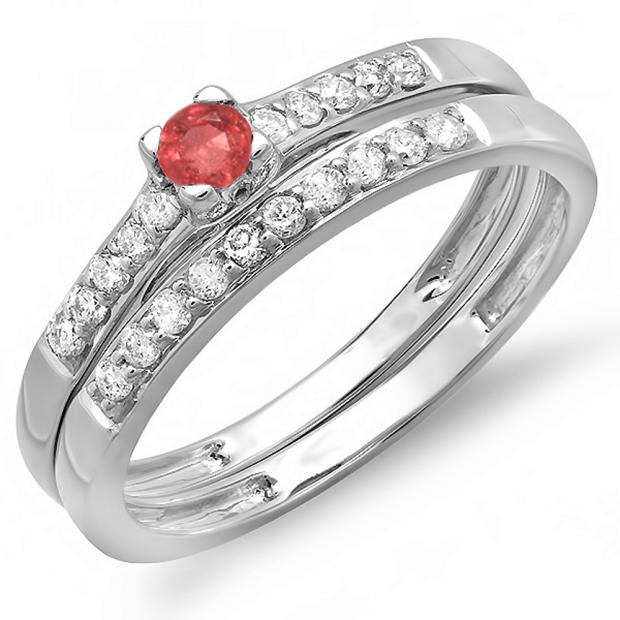 0.40 Carat (ctw) 14k White Gold Round Ruby And White Diamond Ladies Bridal Engagement Ring Matching Band Wedding Set