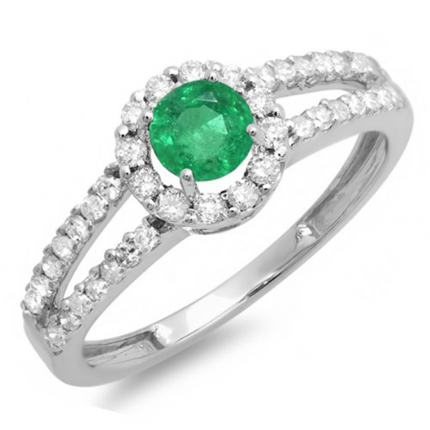 1.15 Carat (ctw) 14k White Gold Round Green Emerald and White Diamond Ladies Engagement Halo Style Bridal Ring