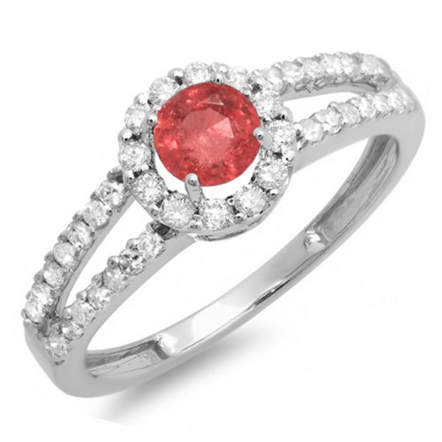 1.15 Carat (ctw) 10k White Gold Round Ruby and White Diamond Ladies Engagement Halo Style Bridal Ring