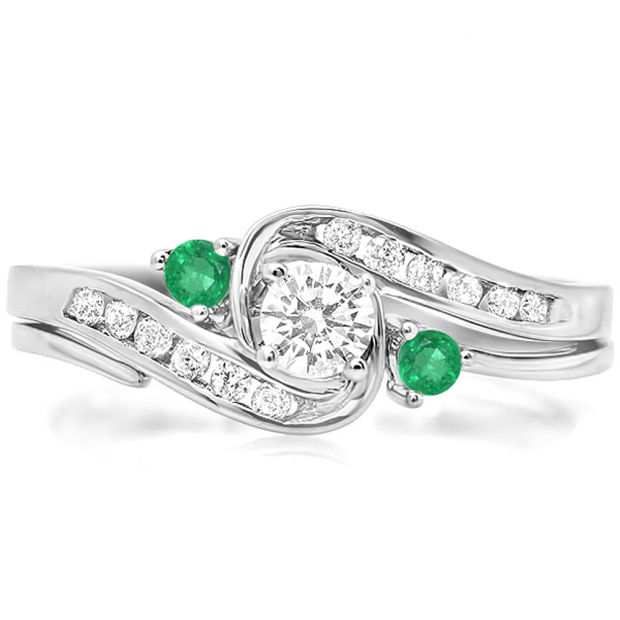 0.50 Carat (ctw) 10k White Gold Round Green Emerald And White Diamond Ladies Swirl Bridal Engagement Ring Matching Band Set 1/2 CT