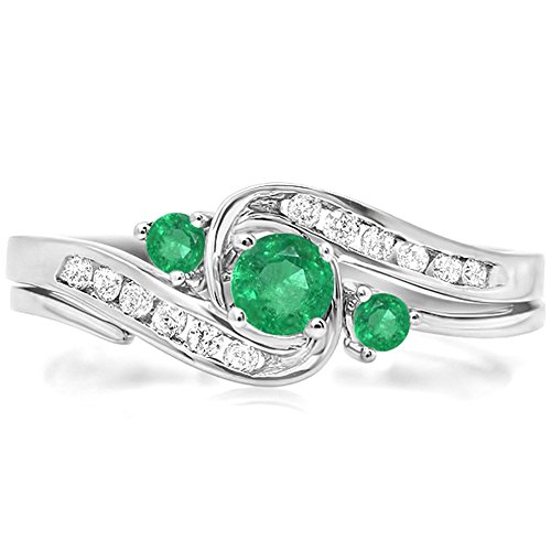 0.50 Carat (ctw) 10k White Gold Round Green Emerald And White Diamond Ladies Swirl Bridal Engagement Ring Matching Band Set 1/2 CT