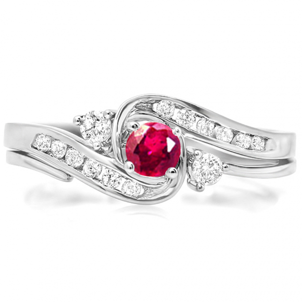 0.50 Carat (ctw) 18k White Gold Round Ruby And White Diamond Ladies Swirl Bridal Engagement Ring Matching Band Set 1/2 CT