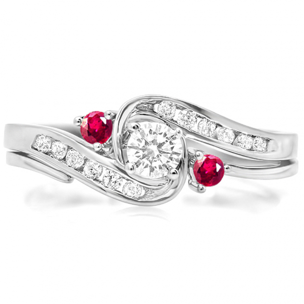0.50 Carat (ctw) 10k White Gold Round Ruby And White Diamond Ladies Swirl Bridal Engagement Ring Matching Band Set 1/2 CT