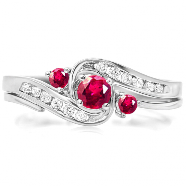 0.50 Carat (ctw) 10k White Gold Round Ruby And White Diamond Ladies Swirl Bridal Engagement Ring Matching Band Set 1/2 CT