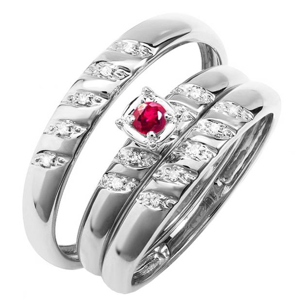 0.08 Carat (ctw) 10K White Gold Round White Diamond And Red Ruby Men & Women