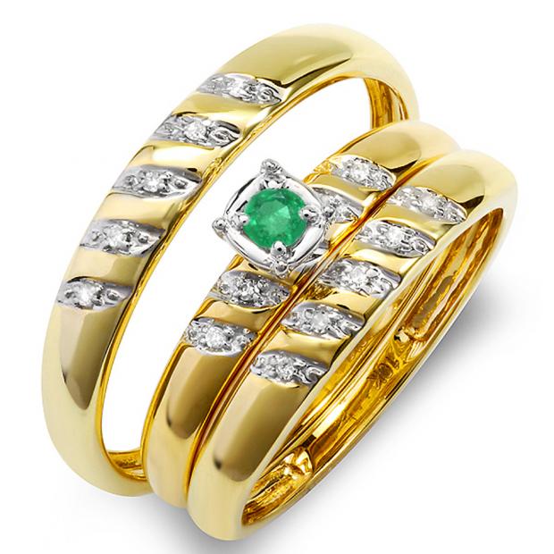 0.08 Carat (ctw) 10K Yellow Gold Round White Diamond And Green Emerald Men & Women
