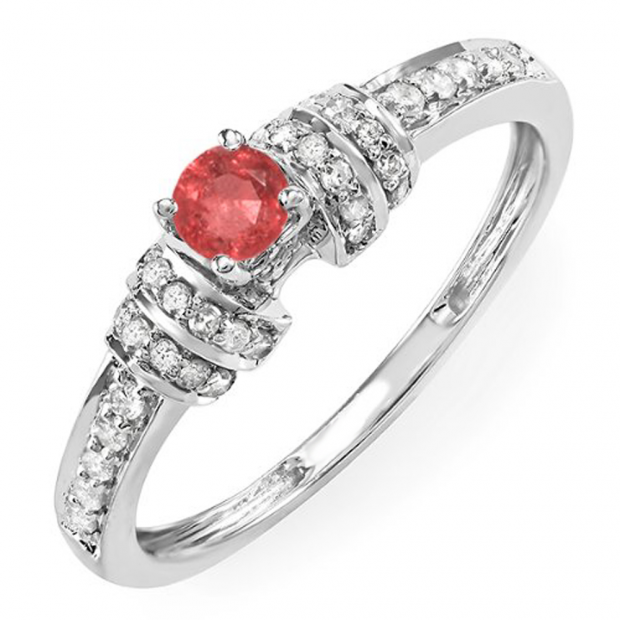 0.45 Carat (ctw) 18k White Gold Round Ruby And White Diamond Ladies Engagement Bridal Ring 1/2 CT