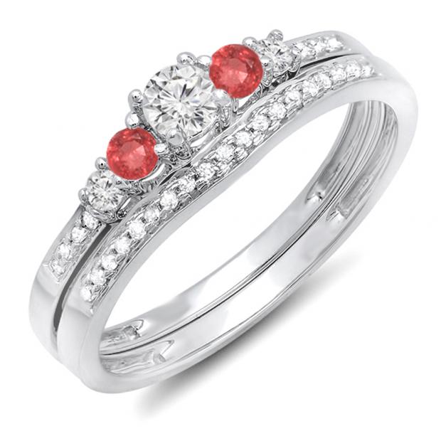 0.45 Carat (ctw) 14k White Gold Round Ruby And White Diamond Ladies 5 Stone Bridal Engagement Ring Matching Band Set 1/2 CT