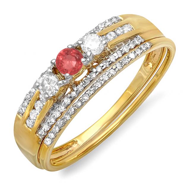 0.40 Carat (ctw) 10k Yellow Gold Round Ruby And White Diamond Ladies 3 Stone Bridal Ring Engagement Set
