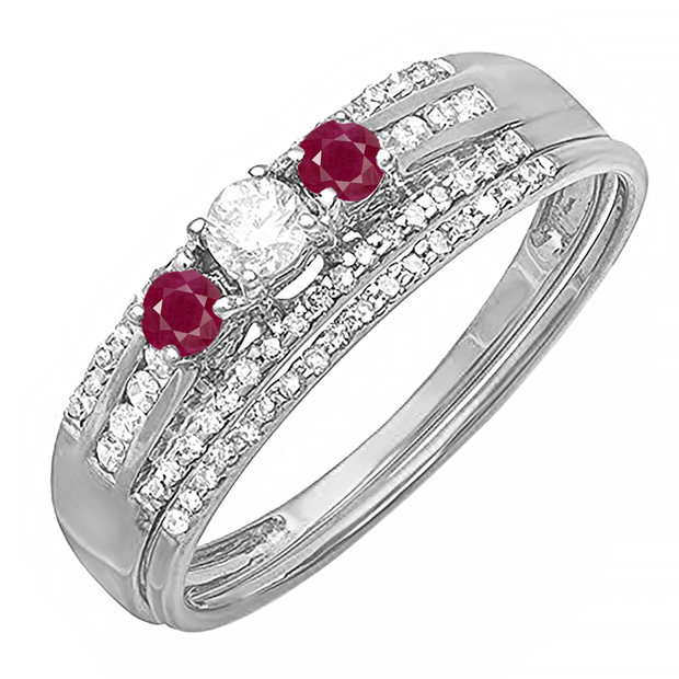 0.40 Carat (ctw) 14k Yellow Gold Round And White Diamond Ladies 3 Stone Bridal Ring Engagement Set