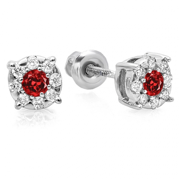 0.33 Carat (ctw) 10K White Gold Round Cut Ruby & White Diamond Round Shape Cluster Earrings 1/3 CT Look of 1 CT