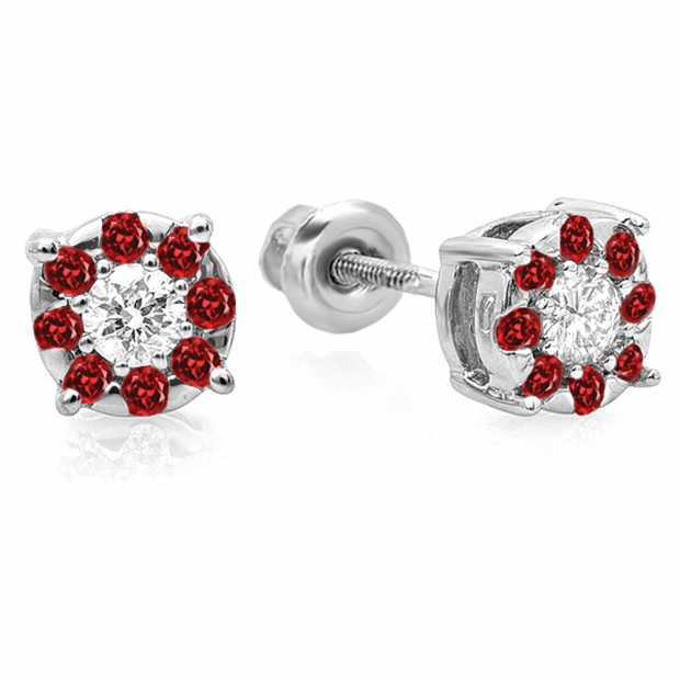 0.33 Carat (ctw) 10K White Gold Round Cut Ruby & White Diamond Round Shape Cluster Earrings 1/3 CT Look of 1 CT