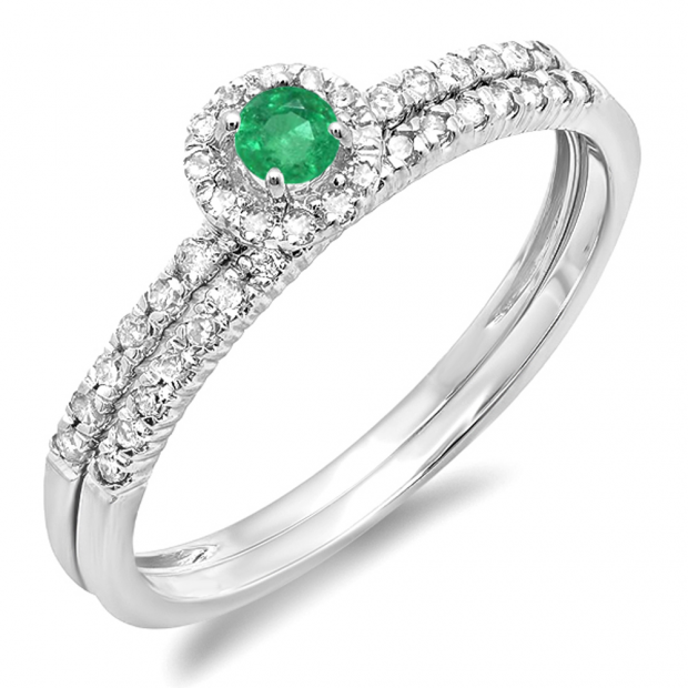 0.33 Carat (ctw) 18k White Gold Round Green Emerald And White Diamond Ladies Halo Style Bridal Engagement Ring Matching Band Set 1/3 CT