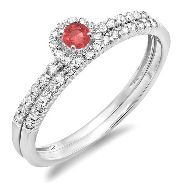 0.33 Carat (ctw) 18k White Gold Round Ruby And White Diamond Ladies Halo Style Bridal Engagement Ring Matching Band Set 1/3 CT