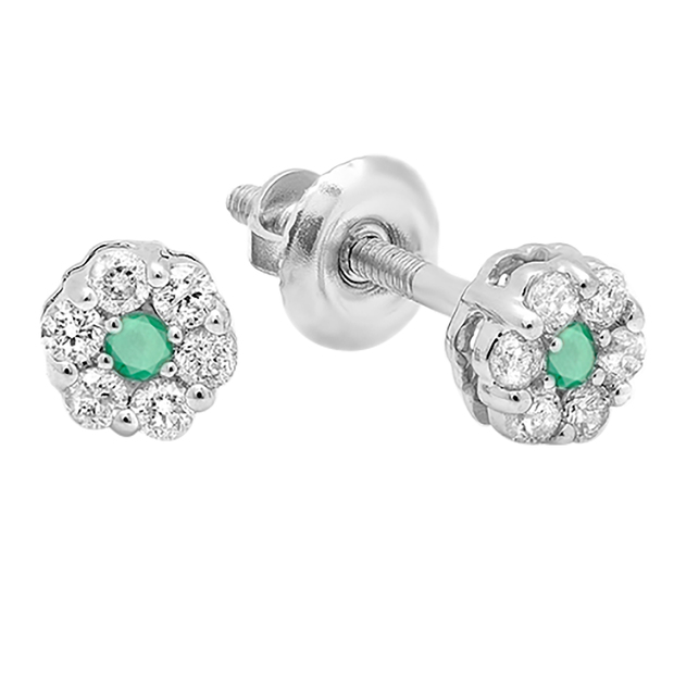 0.20 Carat (ctw) 10k White Gold Round White Diamond & Green Emerald Ladies Cluster Flower Earrings 1/5 CT