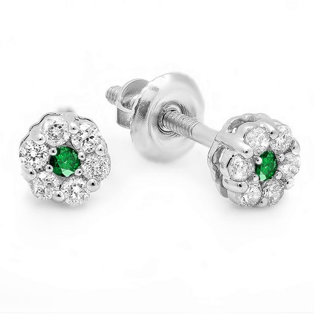 0.20 Carat (ctw) 14k White Gold Round White Diamond & Green Emerald Ladies Cluster Flower Earrings 1/5 CT