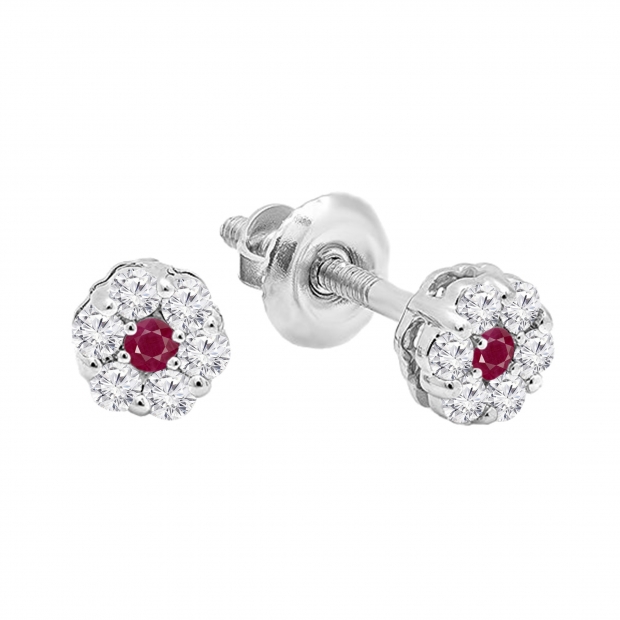 0.20 Carat (ctw) 10k White Gold Round White Diamond & Ruby Ladies Cluster Flower Earrings 1/5 CT