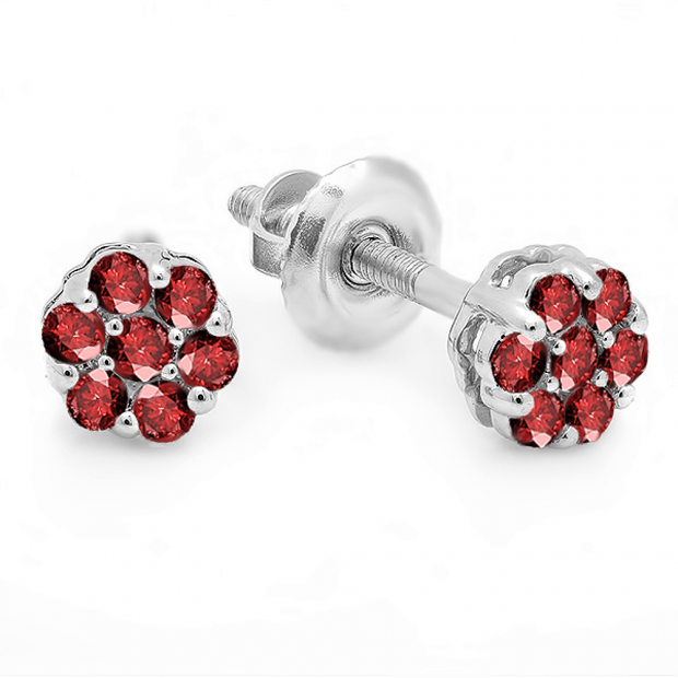 0.20 Carat (ctw) 14k White Gold Round Ruby Ladies Cluster Flower Earrings 1/5 CT