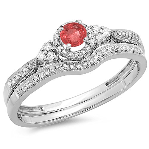 0.33 Carat (ctw) 10k White Gold Round Ruby And White Diamond Ladies Halo Style Bridal Engagement Ring Matching Band Set 1/3 CT