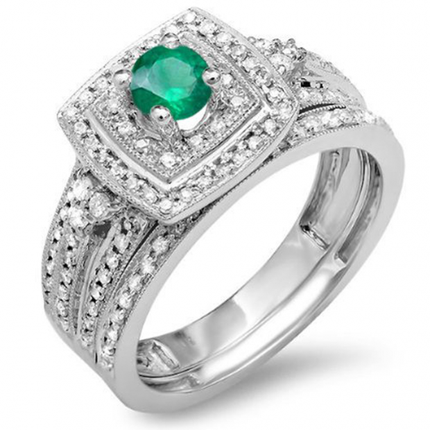 0.75 Carat (ctw) 14k White Gold Round Green Emerald And White Diamond Ladies Bridal Engagement Ring Set with Matching Band 3/4 CT