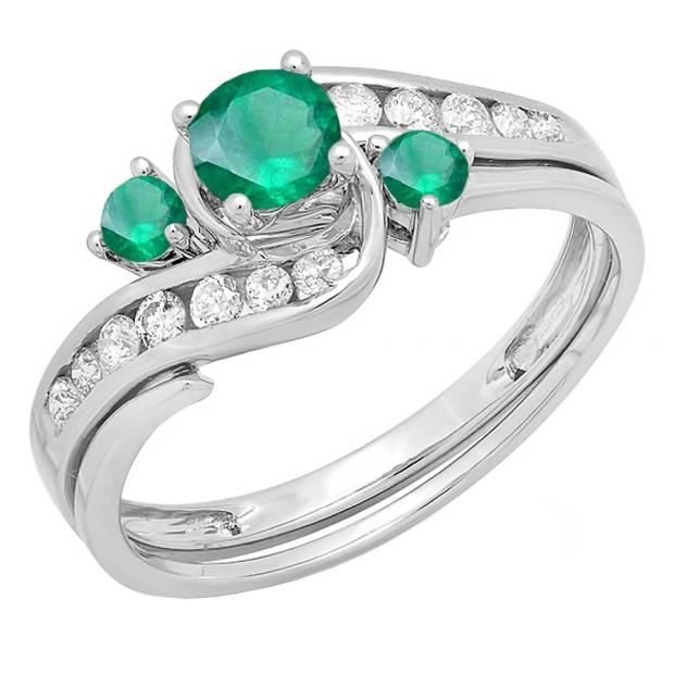0.90 Carat (ctw) 10k White Gold Round Green Emerald And White Diamond Ladies Swirl Bridal Engagement Ring Matching Band Set