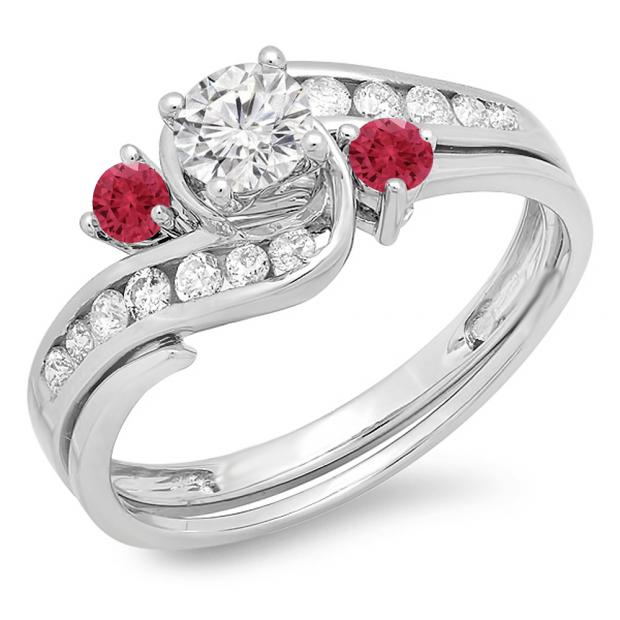 0.90 Carat (ctw) 10k White Gold Round Ruby And White Diamond Ladies Swirl Bridal Engagement Ring Matching Band Set