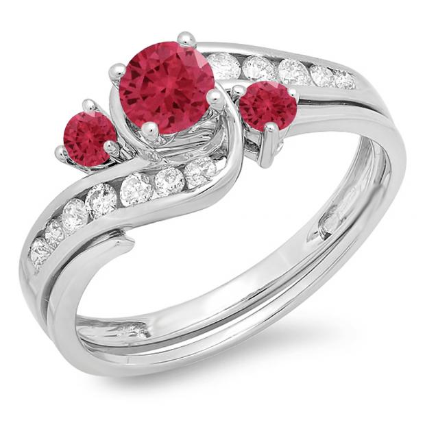 0.90 Carat (ctw) 10k White Gold Round Ruby And White Diamond Ladies Swirl Bridal Engagement Ring Matching Band Set