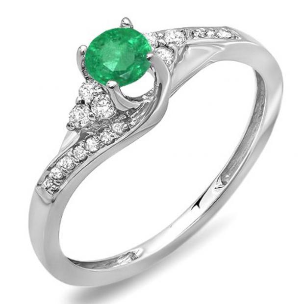 0.38 Carat (ctw) 18k White Gold Round White Diamond And Green Emerald Ladies Swirl Bridal Engagement Ring