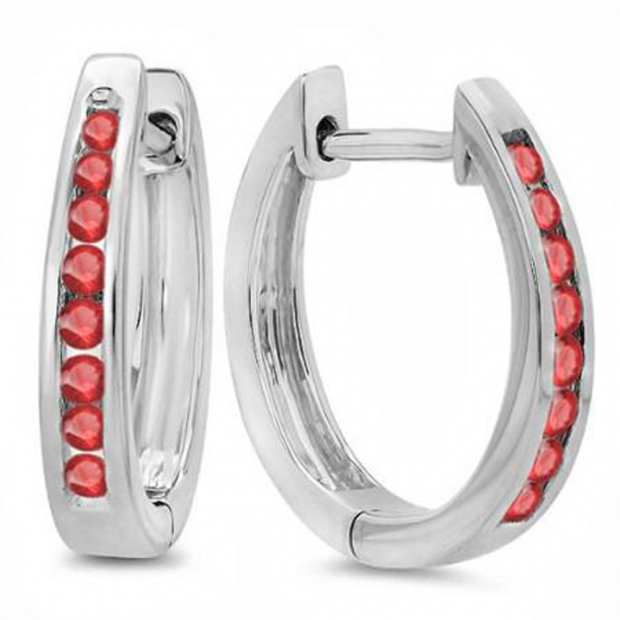 0.20 Carat (ctw) 10K White Gold Round Ruby Ladies Hoop Earrings 1/5 CT