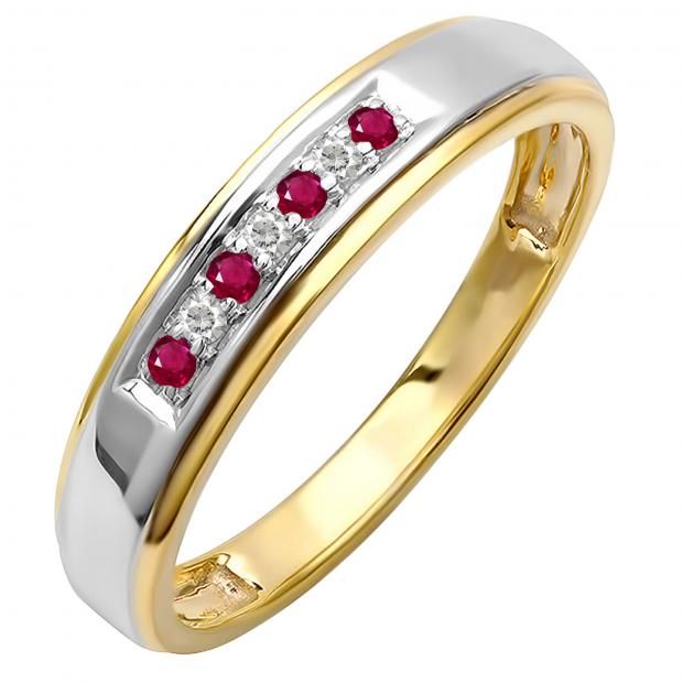 0.12 Carat (ctw) 18K Yellow Gold Plated Sterling Silver Round White Diamond And Ruby Men