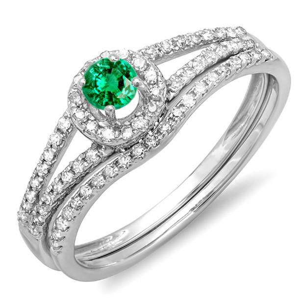 0.45 Carat (ctw) 14k White Gold Round Green Emerald And White Diamond Ladies Bridal Halo Style Engagement Ring With Wedding Band Set 1/2 CT