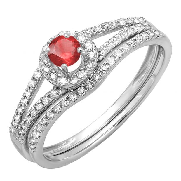 0.45 Carat (ctw) 18k White Gold Round Ruby And White Diamond Ladies Bridal Halo Style Engagement Ring With Wedding Band Set 1/2 CT