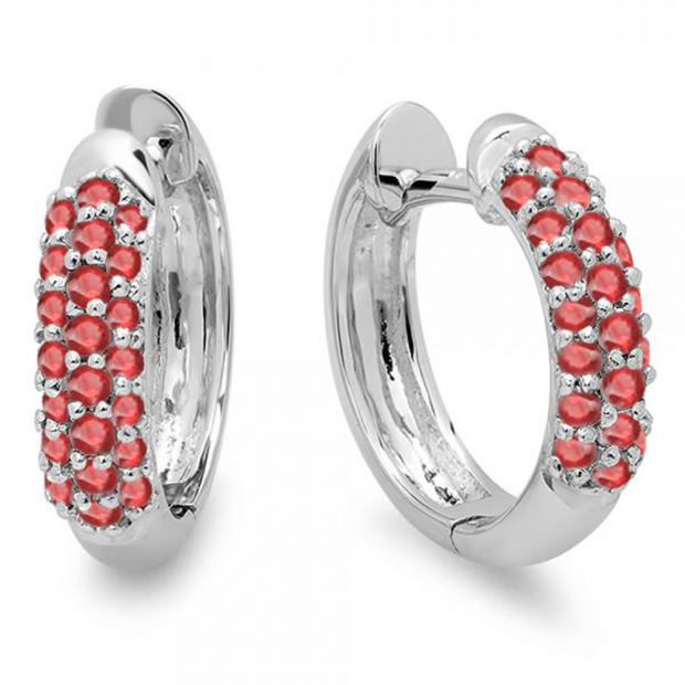 0.30 Carat (ctw) 10k White Gold Round Ruby Ladies Pave Set Huggies Hoop Earrings 1/3 CT