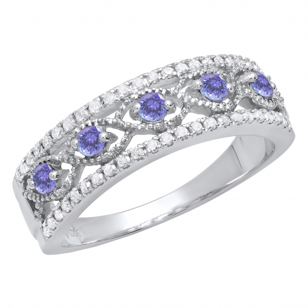 Round Tanzanite & 0.22 CT White Diamond Anniversary Wedding Band For Women in 925 Sterling Silver