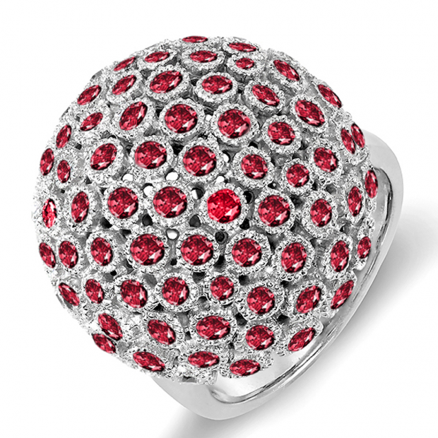 3.25 Carat (ctw) 14k White Gold Round Red Ruby Ladies Cocktail Fireball Right Hand Ring 3 1/4 CT