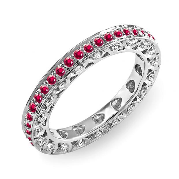 1.00 Carat (ctw) 14k White Gold Round White Diamond & Ruby Ladies Eternity Anniversary Wedding Band Stackable Ring 1 CT