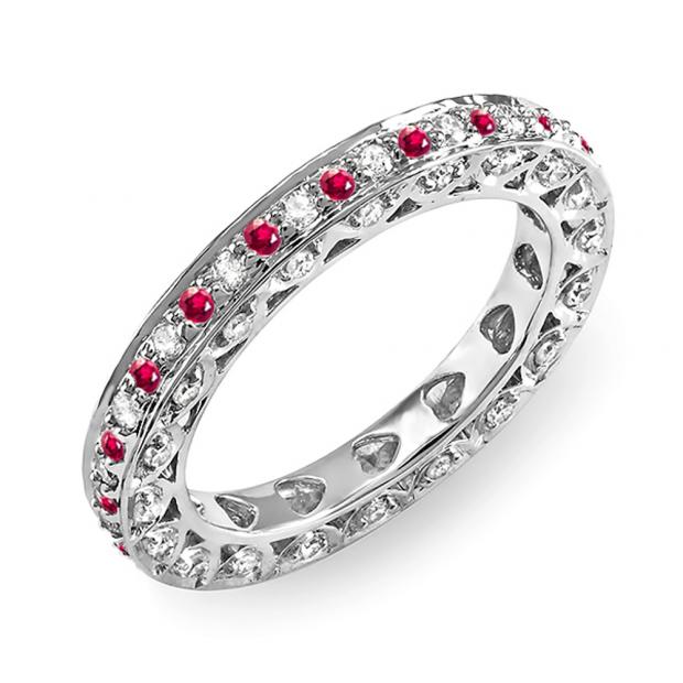1.00 Carat (ctw) 18k White Gold Round White Diamond & Ruby Eternity Anniversary Wedding Band Stackable Ring 1 CT