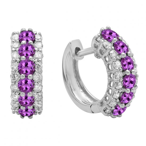 Round Amethyst & White Diamond Ladies Huggies Hoop Earrings 14K White Gold