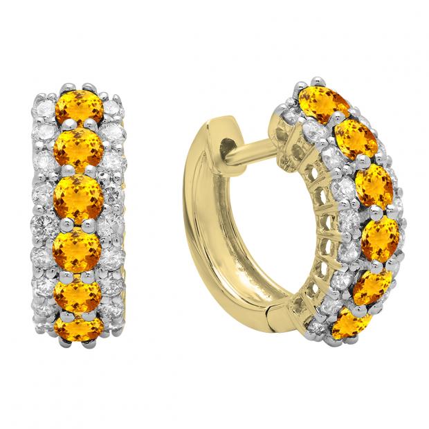 Round Citrine & White Diamond Ladies Huggies Hoop Earrings 14K Yellow Gold