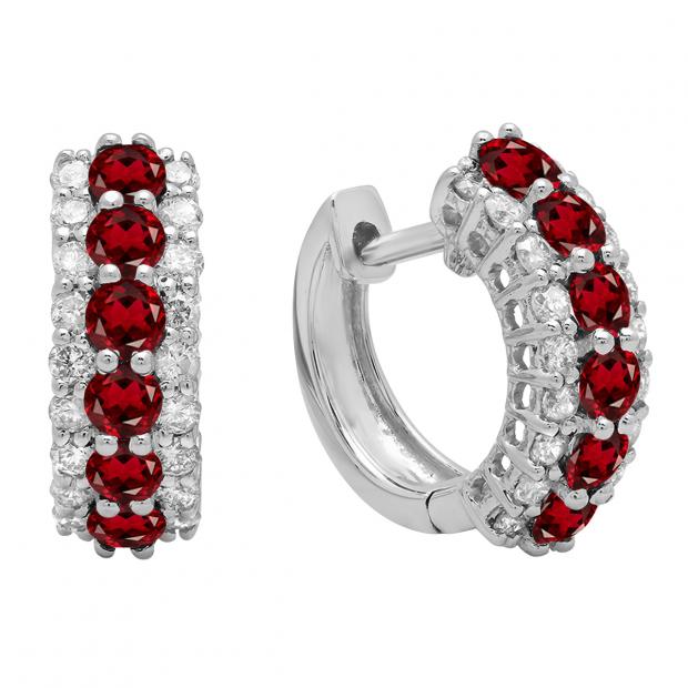 Round Garnet & White Diamond Ladies Huggies Hoop Earrings 14K White Gold