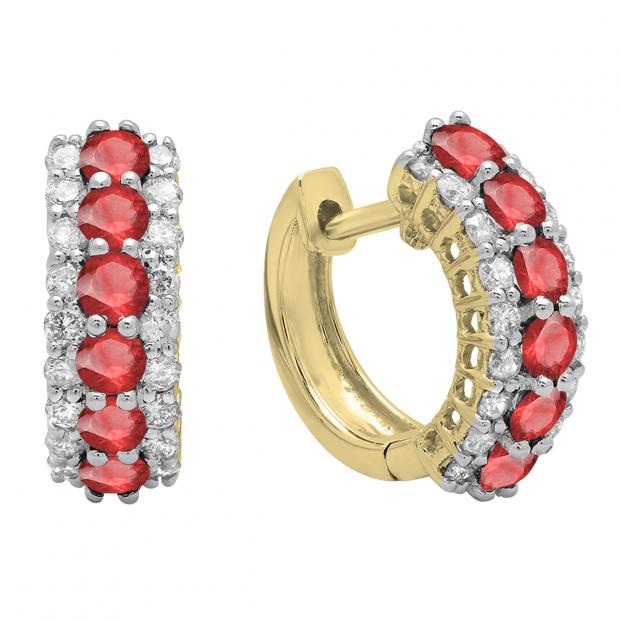 Round Ruby & White Diamond Ladies Huggies Hoop Earrings 10K Yellow Gold