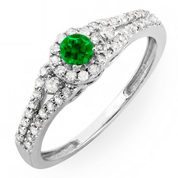 0.50 Carat (ctw) 14k White Gold Round Cut Green Emerald & White Diamond Ladies Engagement Halo Style Bridal Ring 1/2 CT