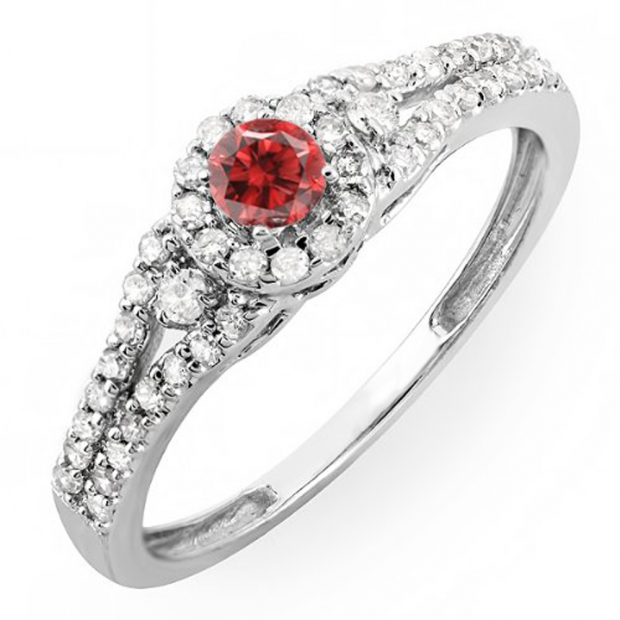 0.50 Carat (ctw) 18k White Gold Round Cut Ruby & White Diamond Ladies Engagement Halo Style Bridal Ring 1/2 CT